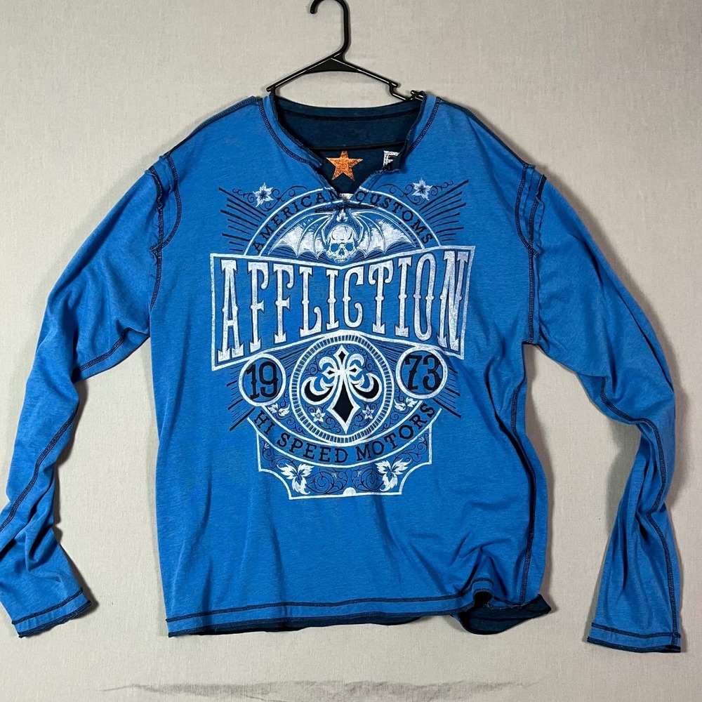 Y2K Affliction Long Sleeve Reversible Shirt XL Blue Graphic American Customs